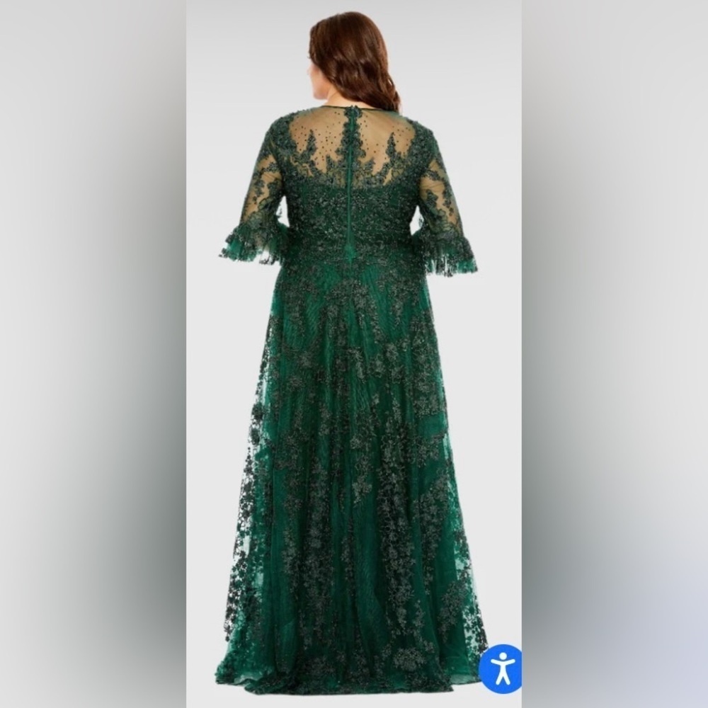 Mac Duggal Green High Neck Flutter Sleeve Embroidered A Line Evening Gown - Picture 2 of 7